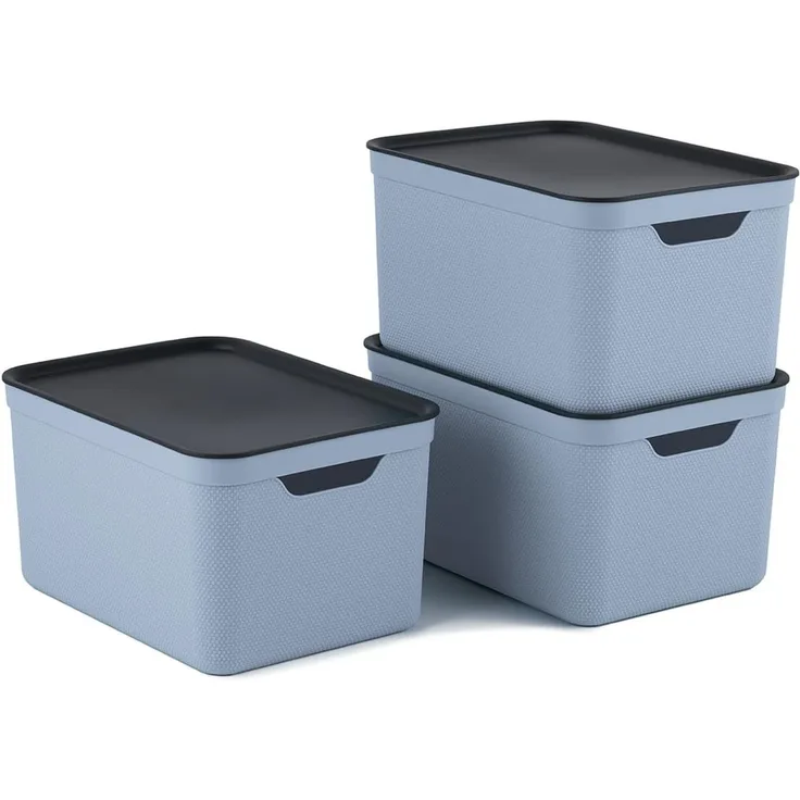 Jive 3er Set Dekobox A4 fog blue 3er- Set Aufbewahrungsbox 16l mit Deckel, Kunststoff (PP recycelt), blau/anthrazit, 3x16l (37.5 x 27.8 x 29.8 cm)