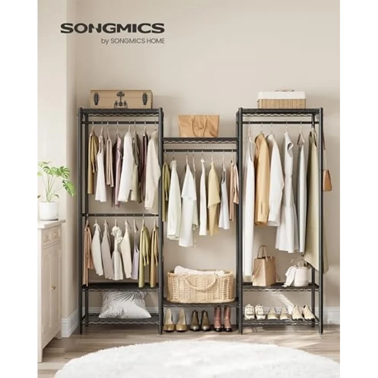 SONGMICS Kleiderständer, offener Kleiderschrank, Garderobe aus Metall, Garderobenständer mit verstellbaren Ablagen und Kleiderstangen, Haken, hochbelastbar, trennbar, tintenschwarz LGRDE431B01 – Bild 3