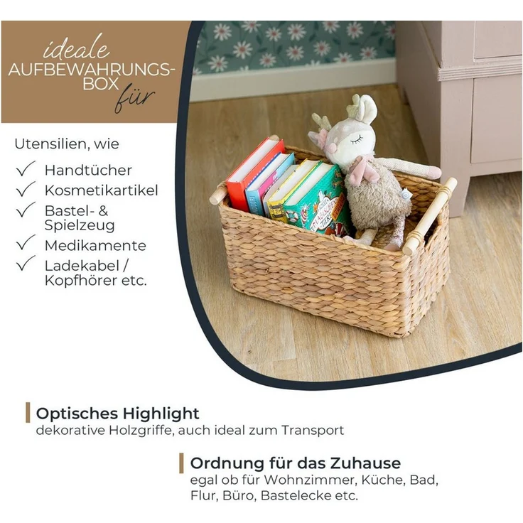 HMF Aufbewahrungskorb Aufbewahrungskorb geflochten aus Wasserhyazinthe, Korb mit (1 St), mit Holzgriffen für Bad, Küche und Wohnbereich, 37 x 22 x 20 cm – Bild 2