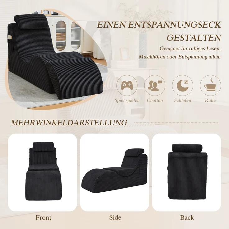 LVHOM Relaxsessel Ergonomisches Design, Lesesessel mit verstellbarer Kopfkissen und Sitzkissen, Fernsehsessel mit Seitentasche, Cord Bezug, bis 200kg belastbar – Bild 7