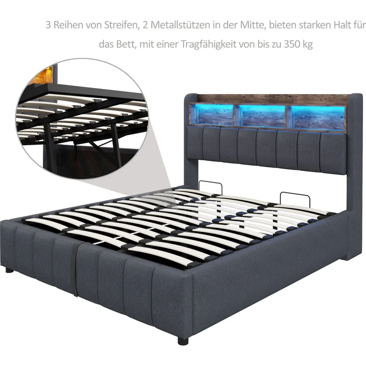 Polsterbett 180*200cm mit LED-Beleuchtung und USB-Steckdose, Kopfteil mit Einlegeböden und Stauraum, Mit Hydraulik für die Lagerung, Erwachsenenbett Doppelt, Leinenstoff Grau – Bild 5