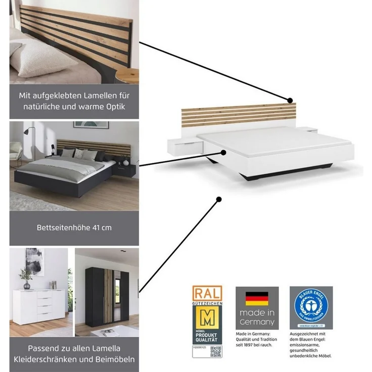rauch Bettanlage Doppelbett Futonbett LAMELLA in schwebender Optik, (Bett 160x200 oder 180x200 cm), mit eleganter Lamellenabsetzung und 2 Hängenachttische MADE IN GERMANY – Bild 2