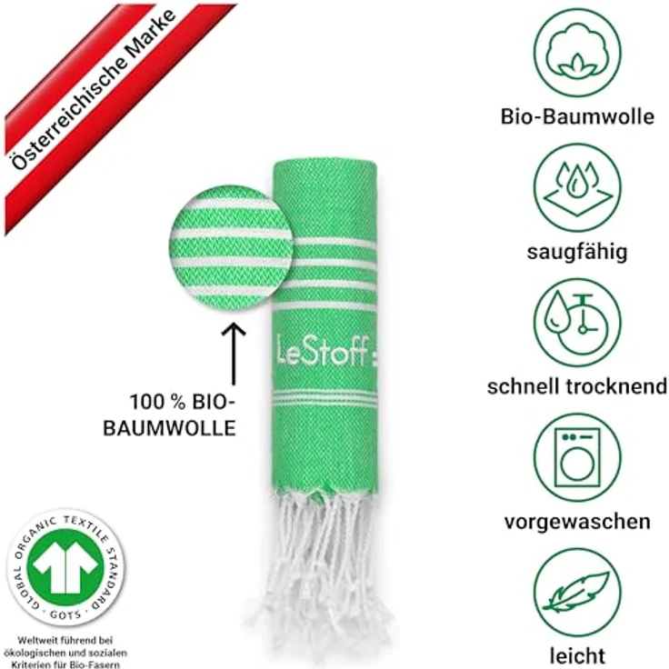 LeStoff Premium Hamamtuch 50 x 100 cm – 100% Bio-Baumwolle, Vorgewaschen, Leicht, Kompakt, Saugstark & Schnelltrocknend, Handtuch für Bad, Sport, Reise, Camping (Grass) – Bild 3