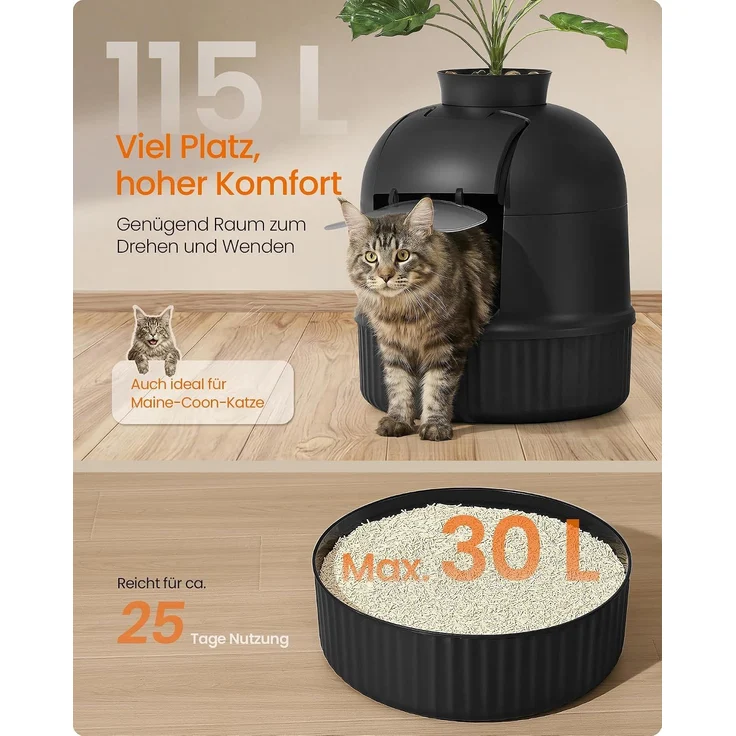 FEANDREA Katzentoilette mit Tür, Blumentopf, verstecktes Katzenklo für Wohnzimmer, mit Filter, schwarz – Bild 3