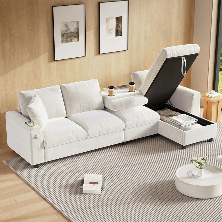 EINHOM Chenille-Stoffsofa, L-förmige Ecke und zwei Armlehnen mit Stauraum. Ausklappbarer Couchtisch mit zwei Getränkehaltern, 1 USB und 1 Typ-C. L-förmiger Teil kann links oder rechts platziert werden. Beige – Bild 3