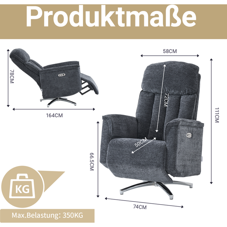 HOME NATURE WOHNKONZEPT Elektrischer Relaxsessel mit USB-Anschluss, elektrisch verstellbarer TV-Sessel mit Liegefunktion, Chenille Dunkelgrau, bis 350 kg, FT9202 – Bild 2