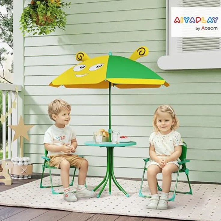 AIYAPLAY Garten-Kindersitzgruppe mit höhenverstellbarem Sonnenschirm, (Gartentisch, 2 Klappstühle, 4-tlg, Garten Kindersitzgarnitur), Bienen-Muster für 2-5 Jahre Kinder, Grün – Bild 3