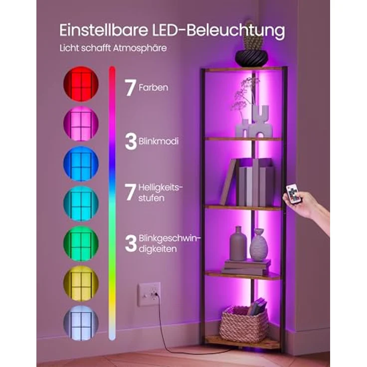 VASAGLE Eckregal 5 Ebenen, Bücherregal mit einstellbarer LED-Beleuchtung – Bild 5