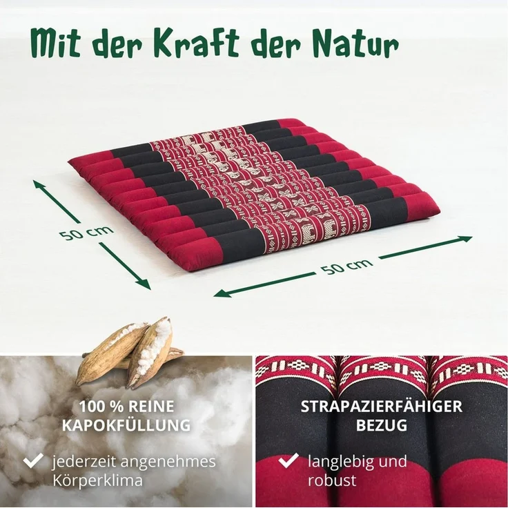 livasia Sitzkissen Steppkissen 50 cm, vegan und handgefertigt, 50 x 50 x 4,5 cm, Kapok – Bild 4