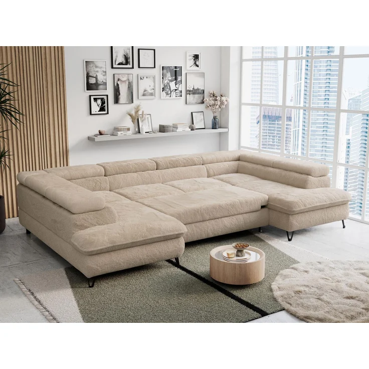 Ecksofa U-Form, mit Bettkasten, Bettfunktion und Einstellbare Kopfstützen, Sofa big XXL - PETER U - Beige Plüsch – Bild 4
