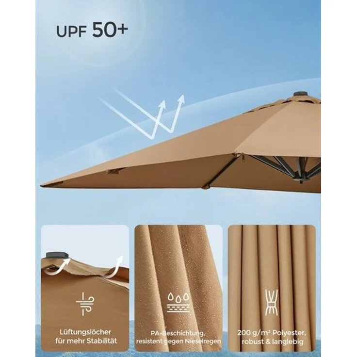 Songmics Sonnenschirm mit Ständer, 360° drehbar, UPF 50+, Khaki, 253 x 290 x 290 cm – Bild 3