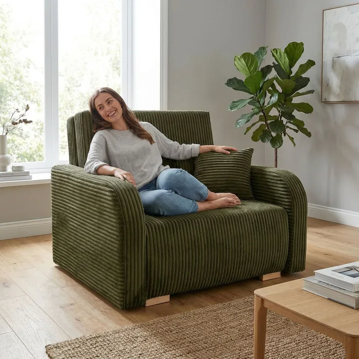 Wohnero24 Lirena 1 Schlafsessel mit Bettfunktion 80x195 cm – Cord Sessel ausziehbar 103x95 cm mit Bettkasten, kleines Gästebett, platzsparendes Einzelschlafsofa - Dunkelgrun