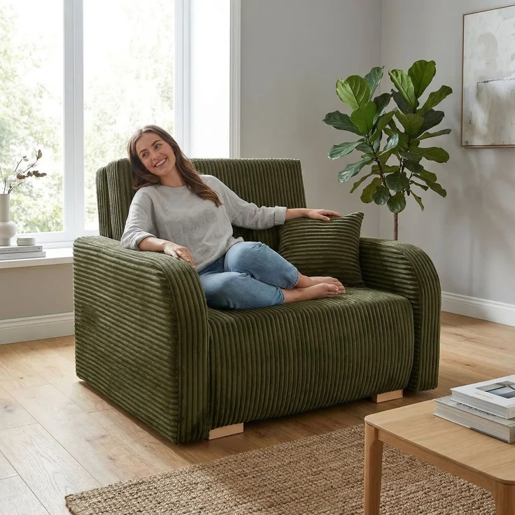 Wohnero24 Lirena 1 Schlafsessel mit Bettfunktion 80x195 cm – Cord Sessel ausziehbar 103x95 cm mit Bettkasten, kleines Gästebett, platzsparendes Einzelschlafsofa - Dunkelgrun – Bild 1