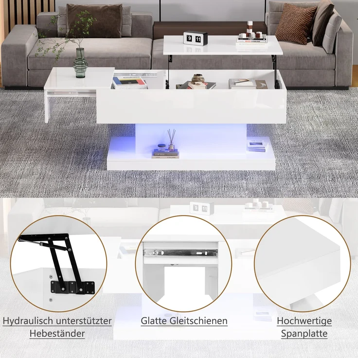 Couchtisch, mit hydraulischem Lift, schiebbarer Platte & LED-Beleuchtung, 100x50x45 cm, Weiß – Bild 5