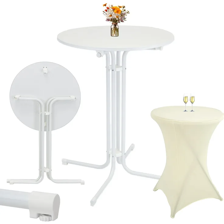 Set Stehtisch klappbar Ø 80 cm in Weiß & Husse Beige bügelfrei Gastrotisch Bistrotisch Partytisch