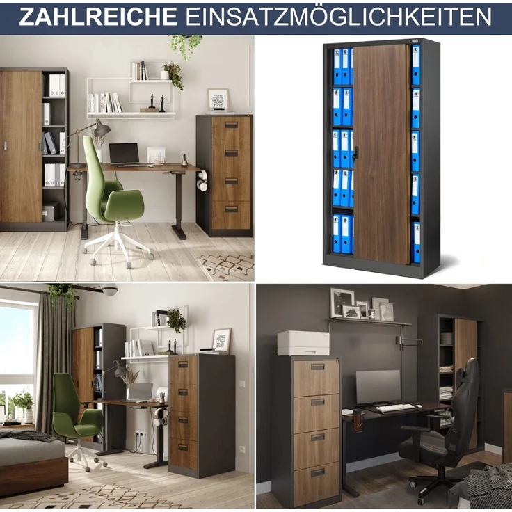 Aktenschrank abschließbar ROLF - Schiebetüren, 5 Ebenen | Büroschrank aus Stahl Metallschrank Werkstatt Mehrzweckschrank Werkzeugschrank, 185x90x40cm Anthrazit-Nussbaum – Bild 6