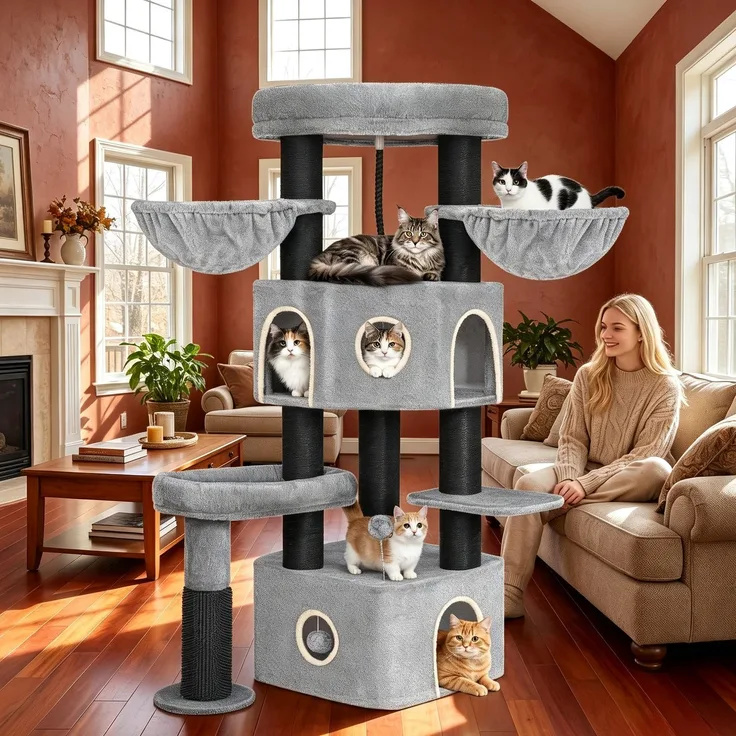 Halupeit Hellgrau Schwarz Verdickter und erhöhter Katzenbaum, speziell für große Katzen entwickelt, leise, stabil und luxuriös, mit den Maßen 52,5 x 52,5 x 185,5 cm