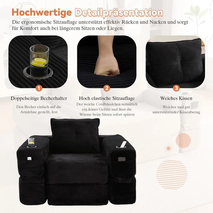 Klappsofa aus Cord mit Federkern, Getränkehalter, 122x98x80 cm, Schwarz – Bild 8