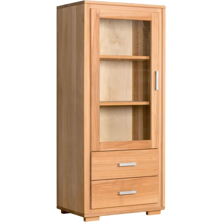 Woodline Mini Vitrine 1-türig links Kernbuche Massivholz geölt, Genf Natur, Auszug ohne Softclose 61x40x139 cm