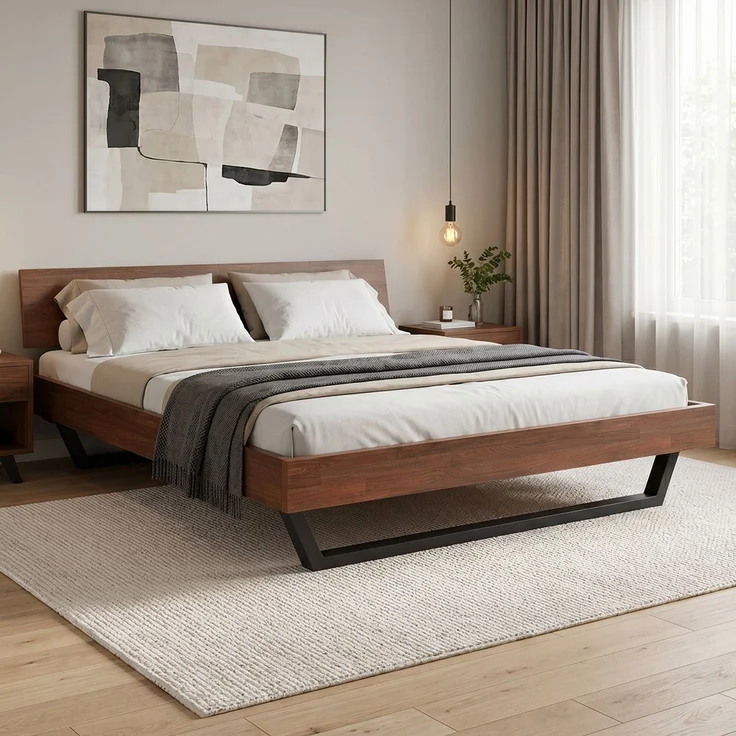 skølm 'Alver' Bett 180x200 cm, Bettgestell, natur geölt, Massivholzbett aus Eiche mit Metallkufen, Walnuss Optik, Bettkopf 1 Strebe – Bild 1