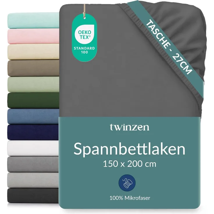 Twinzen Spannbettlaken Mikrofaser 150x200 Dunkelgrau Steghöhe 25 cm