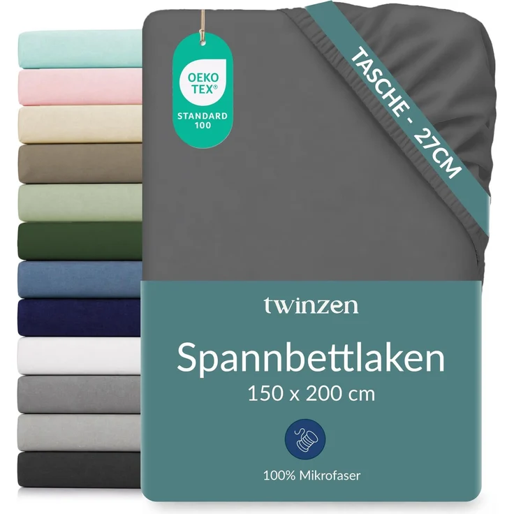 Twinzen Spannbettlaken Mikrofaser 150x200 Dunkelgrau Steghöhe 25 cm