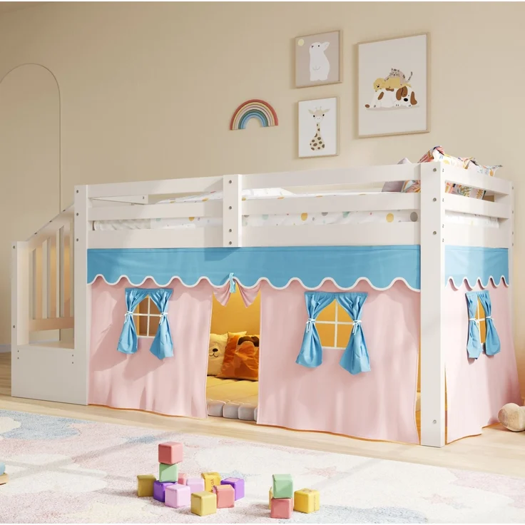 Halbhohes Bett 90x200 cm aus Kiefernholz und MDF mit LED-Lichtleiste, Vorhängen und Leiterschrank – Ohne Matratze – Bild 1