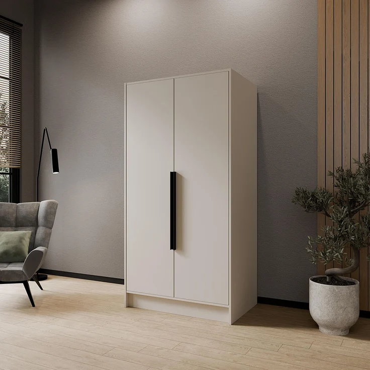 MEBLINI Kleiderschrank PORTINA 100cm - Kaschmir - mit schwarzen Griffen - Drehtürenschrank ohne Spiegel - Kleiderstangen und Regalböden – Bild 2