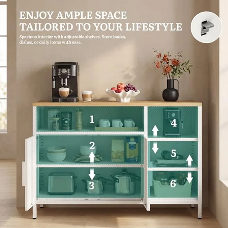 YITAHOME Aufbewahrungsschrank, Metallschrank, Sideboard, Schrank mit Doppeltür, Magnetverschluss, verstellbare Einlegeböden, Stahlgestell – Bild 8