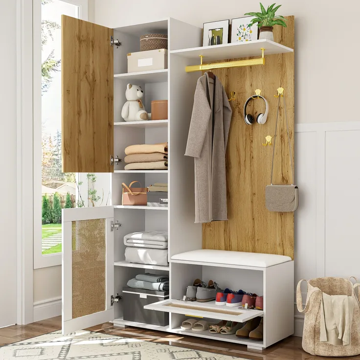 Großer Garderobenschrank mit Spiegel, LED-Beleuchtung 16 Farben, Rattan-Optik Türen, Sitzbank & viel Stauraum für Flur und Eingangsbereich