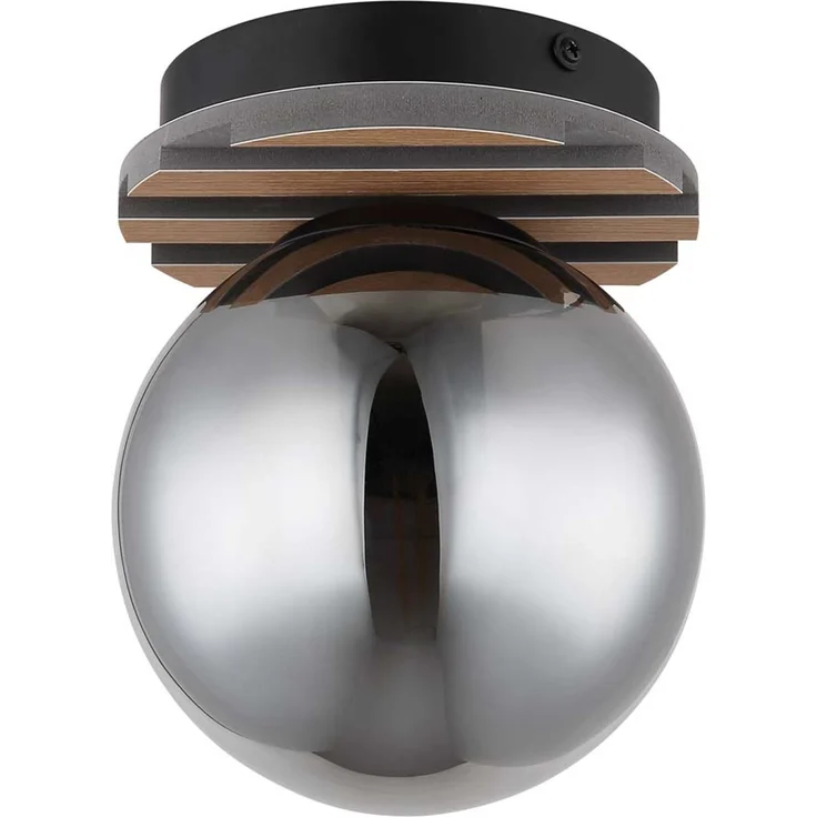 Deckenleuchte, Holzoptik, schwarz, Glaskugel rauch, H 20 cm – Bild 5