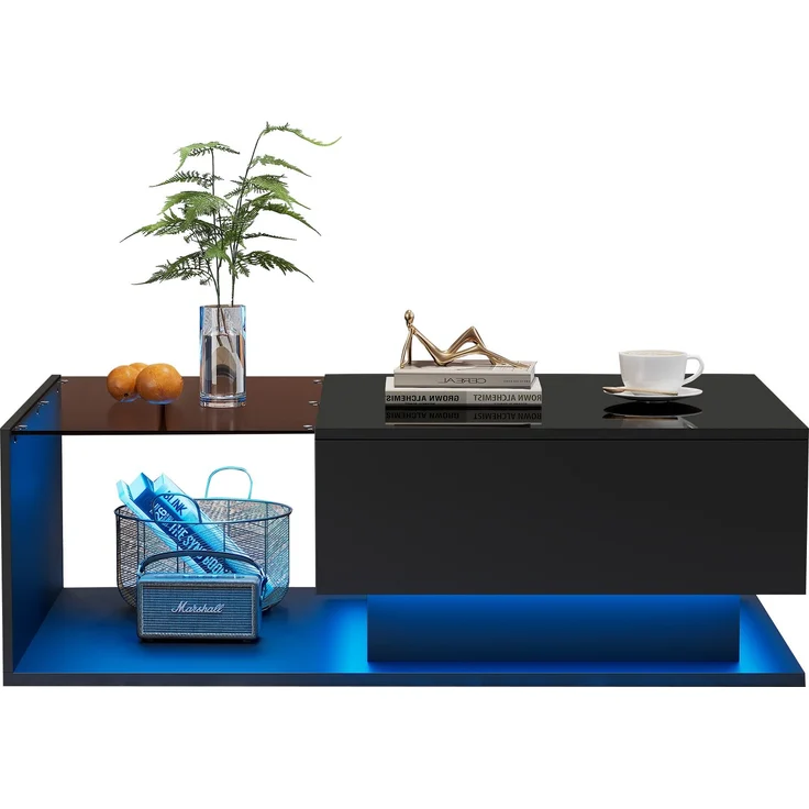 Couchtisch mit Glas, 1 Schublade, LED-Beleuchtung per App steuerbar, 100x50x32 cm, stoßfestes Glas – Bild 10