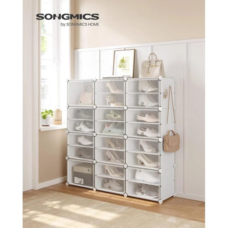 Songmics Schuhregal mit 12 Fächern, Schuhschrank, 30 x 40 x 30 cm pro Fach, schmal, mit Türen, Stahlrahmen, Kunststoff, für Flur, Schlafzimmer, Eingangsbereich, weiß – Bild 2
