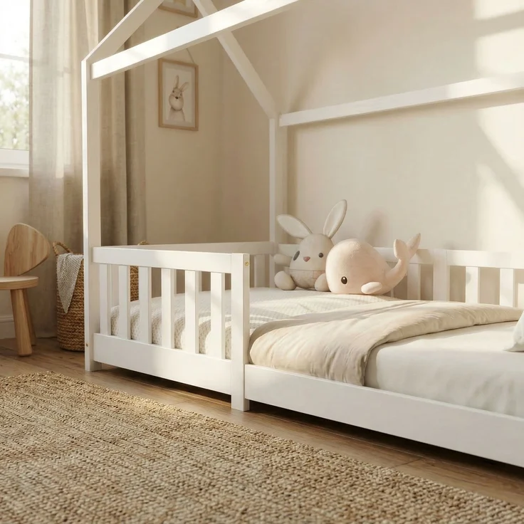 ecoMI Hausbett mit Rausfallschutz und Lattenrost, Kiefernholz weiß, 80x160 cm – Bild 6