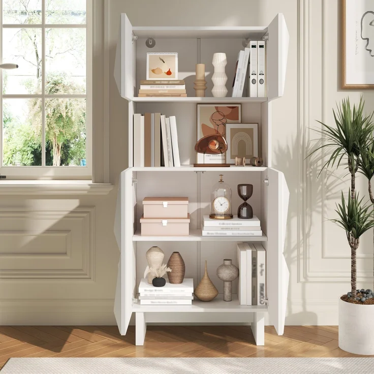 DESVIAE Regal-Vitrine Weiß aus Spanplatte – 60,5x135,5x34 cm – 4 Türen, offenes Fach – Bild 6