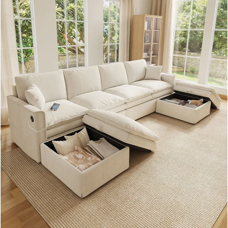 Ecksofa 277x135x80 cm, modulares 6-Sitzer Sofa in Beige mit Stauraumhockern und USB-Anschluss