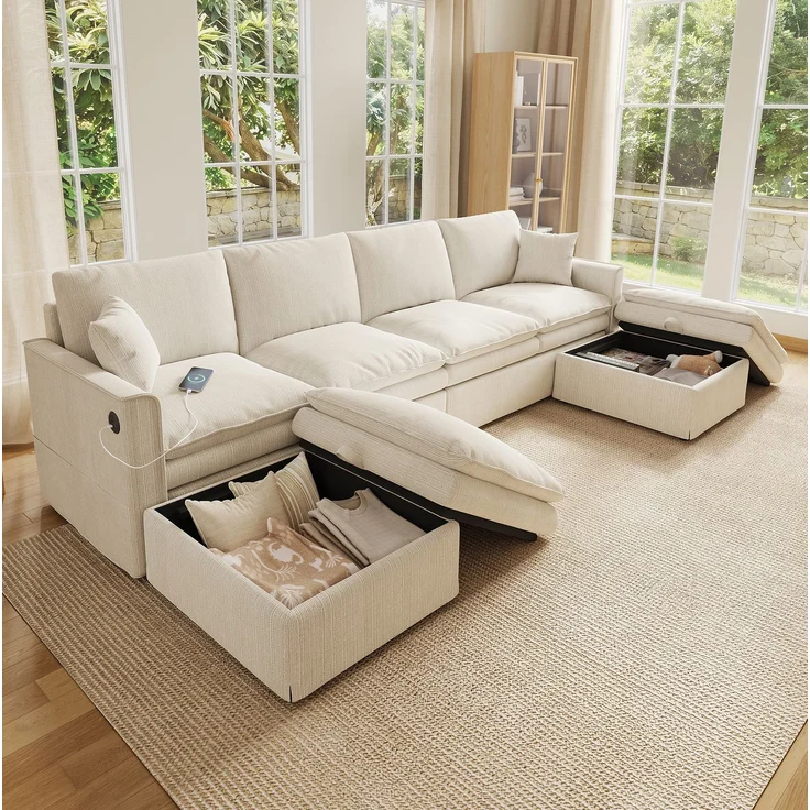 Ecksofa 277x135x80 cm, modulares 6-Sitzer Sofa in Beige mit Stauraumhockern und USB-Anschluss – Bild 1