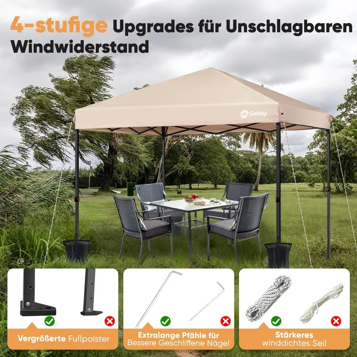 Sekey One-Touch Pop Up Pavillon 3x3 Wasserdicht Stabil Winterfest, Faltpavillon 3x3 m mit Verdickten Röhren, Partyzelt Pavillion Klappbar für Camping Festival Party, Kahki – Bild 4