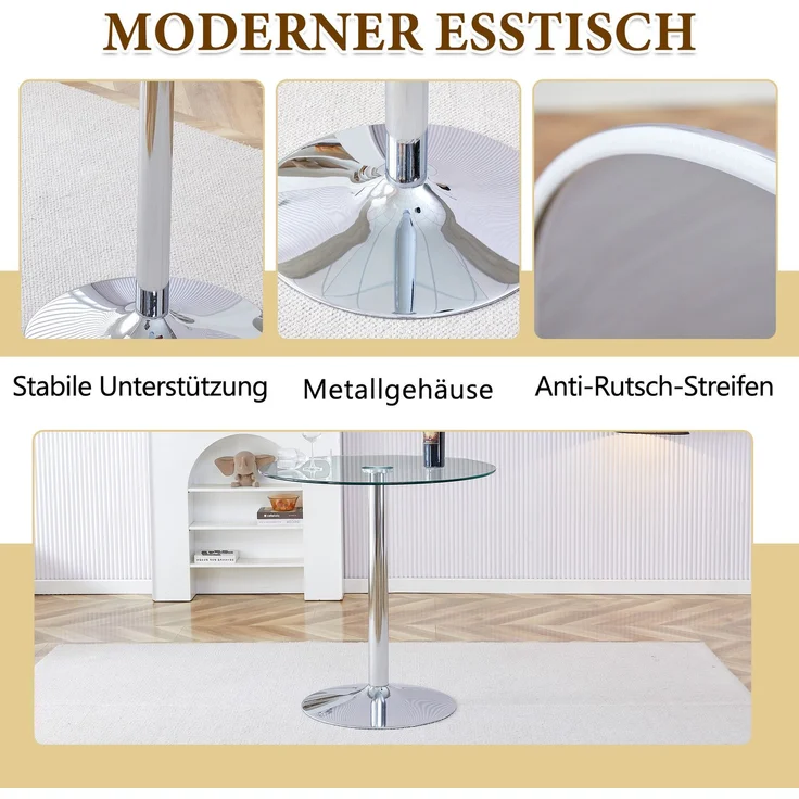 Bartisch-Set mit Glasplatte, 2 höhenverstellbaren Drehhockern, Ø 89x92 cm, Silber/Transparent – Bild 9
