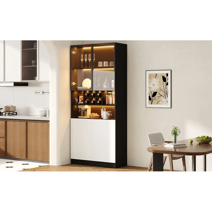 LED-Beleuchteter Glasvitrinenschrank, Küchenhochschrank 80×30×180 cm – Gehärtetes Glas, mit offenen Regalen, Platz für Flaschen und Geschirr, 2 Türen, Vielseitig geeignet für Wohnzimmer und Esszimmer--Schwarz--80x30x180cm--YOUDENOVA – Bild 10