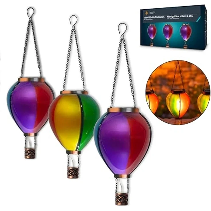 Northpoint LED Solarleuchte Heißluftballon 3er-Set Flammeneffekt Dämmerungssensor – Bild 2