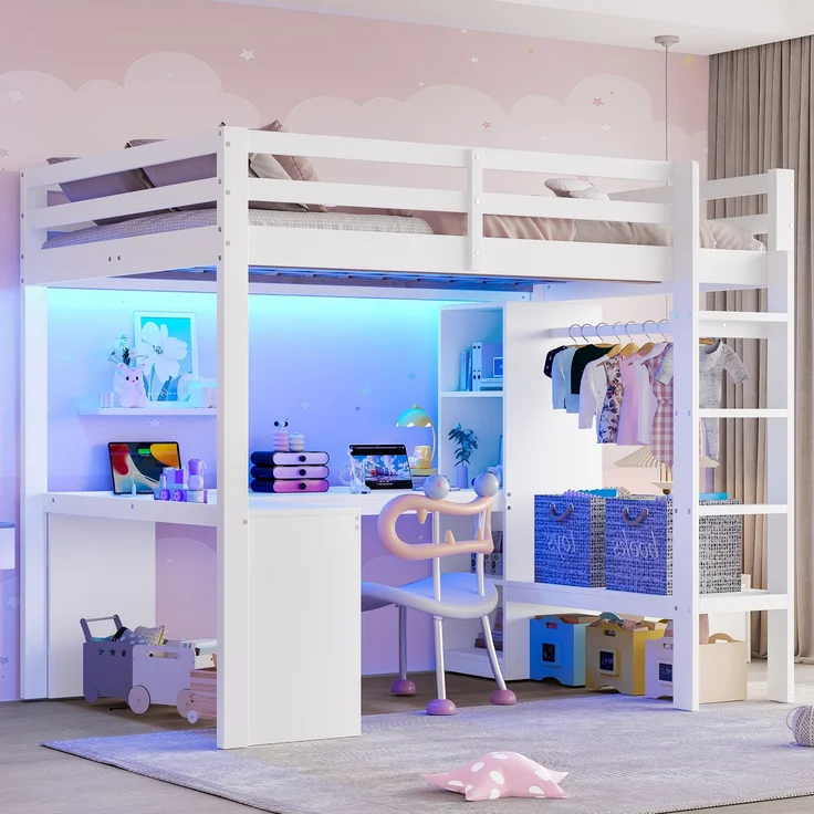 U-life Hochbett 140x200 cm mit Schreibtisch, Multifunktionsregalen, offenem Kleiderschrank, LED-Beleuchtung und USB-Ladestation, Weiß – Bild 3