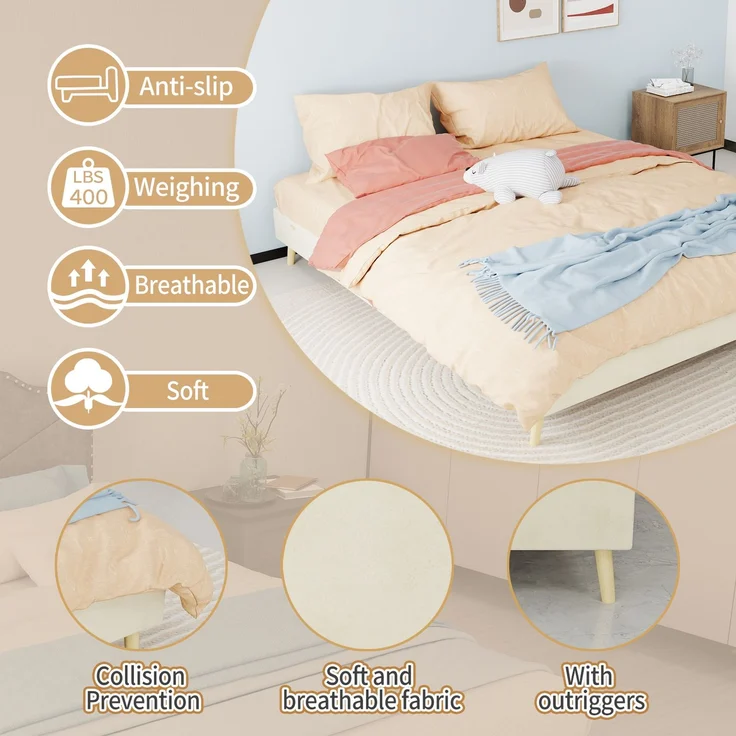Novelux Modernes Bettgestell 160x200 cm Beige Samt - Plattformbett ohne Kopfteil, Minimalistisches Holzbett, Niedriges Bett für Modernes Schlafzimmer – Bild 3