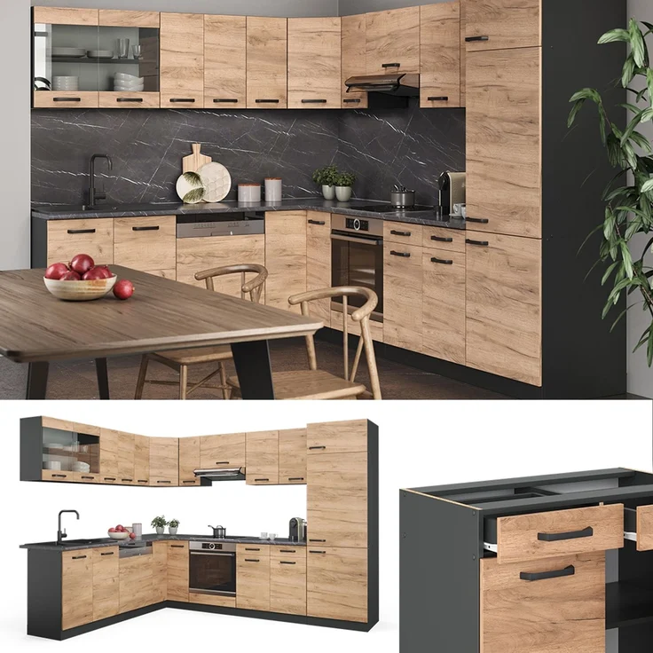 Eckküche R-Line Goldkraft Eiche/Anthrazit 287 x 227 cm, AP Marmor Vicco – Bild 2