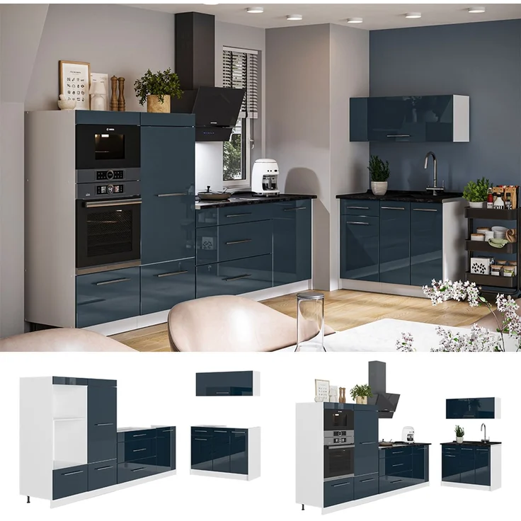 Küchenzeile Fame-Line Dunkelblau Hochglanz/Weiß 380 cm, AP Marmor Vicco – Bild 4