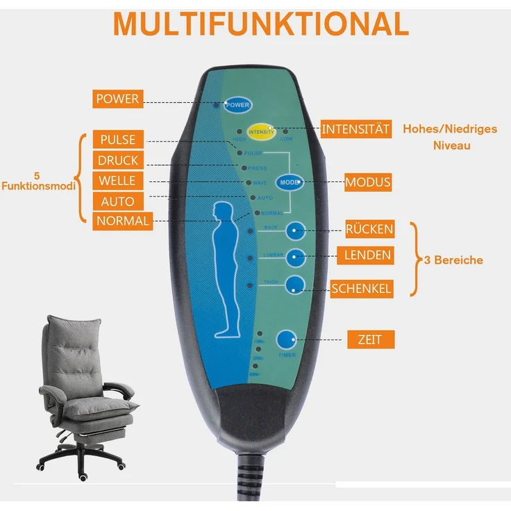 MELAYR, Massage-Bürostuhl, Schreibtischsessel mit Massagefunktion, höhenverstellbarer, 70 x 62 x 130 cm, Grau – Bild 6