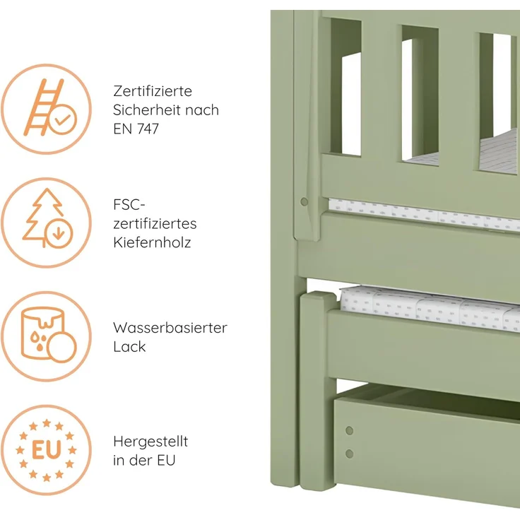 Kids Collective Etagenbett Hochbett Stockbett Kinderbett 90x200 cm mit Ausziehbett und Schubladen, Umbaubar zu 3 Einzelbetten mit Lattenrosten & Rausfallschutz, Olivgrün – Bild 6
