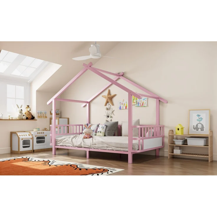 EINHOM Kinderbett aus Metall in Hausform, 90 x 200 cm, mit Sicherheitsgitter, Dachdesign und Dekorativem Rahmen, für Jungen und Mädchen, Metall, Rosa, (Ohne Matratze) – Bild 4