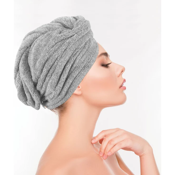 Haarturban ( Grau ) Cozy mit Knopf - 25x65cm ( One SIze ) Superweich Flauschig - Saugstark, Handtuch Haare Turban Haarhandtuch Schnelltrocknend – Bild 5