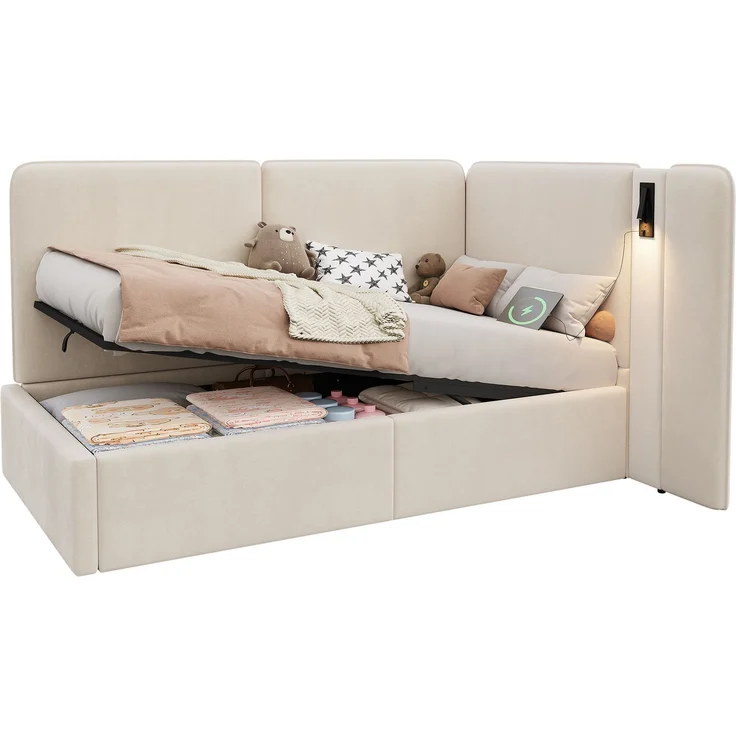 Merax Einzelbett, Kinderbett, Polsterbett 90x200 cm Daybett, mit hydraulischem Stauraum Aufladen Leselampe, Samt, beige – Bild 10